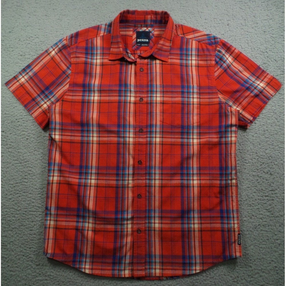 prAna Shirt Mens Size Large Red Plaid Button Up Short Sleeve Pocket
